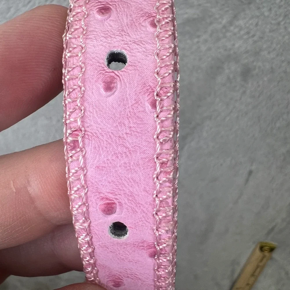 Pink Rhinestone Western Belt Ostrich Embossed Horseshoe Buckle Size 26 Rodeo Y2K